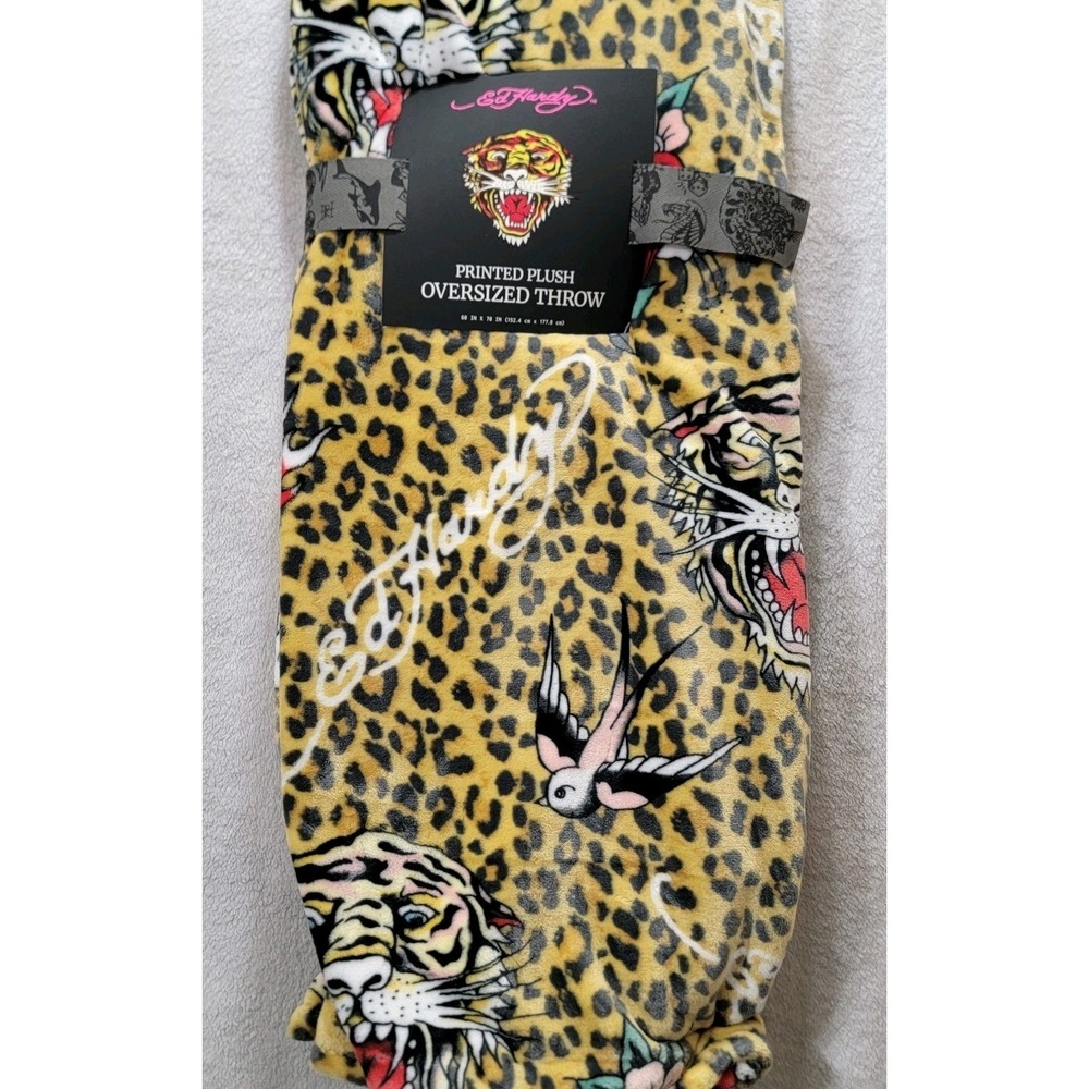 Ed Hardy Oversized Plush Throw Blanket Leopard Animal Print Tiger Tattoo Art NEW